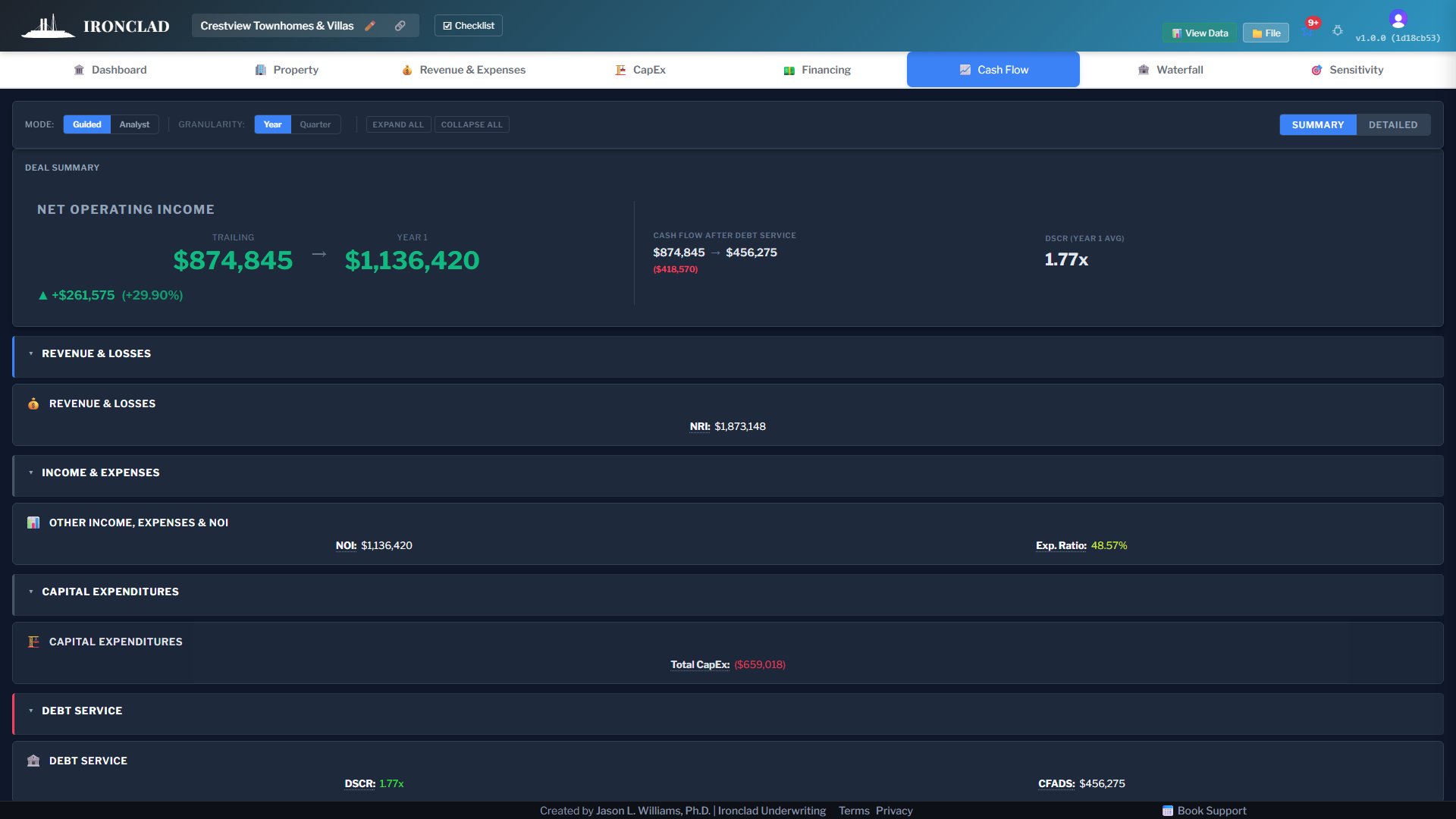 Ironclad cash flow tab — year-by-year levered cash flow projection